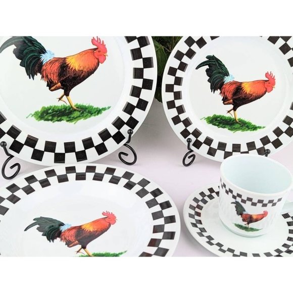 5 PC Melamine Rooster Dinnerware Set Vtg Rooster Chicken Plates Bowl Cup Saucer - Picture 8 of 9